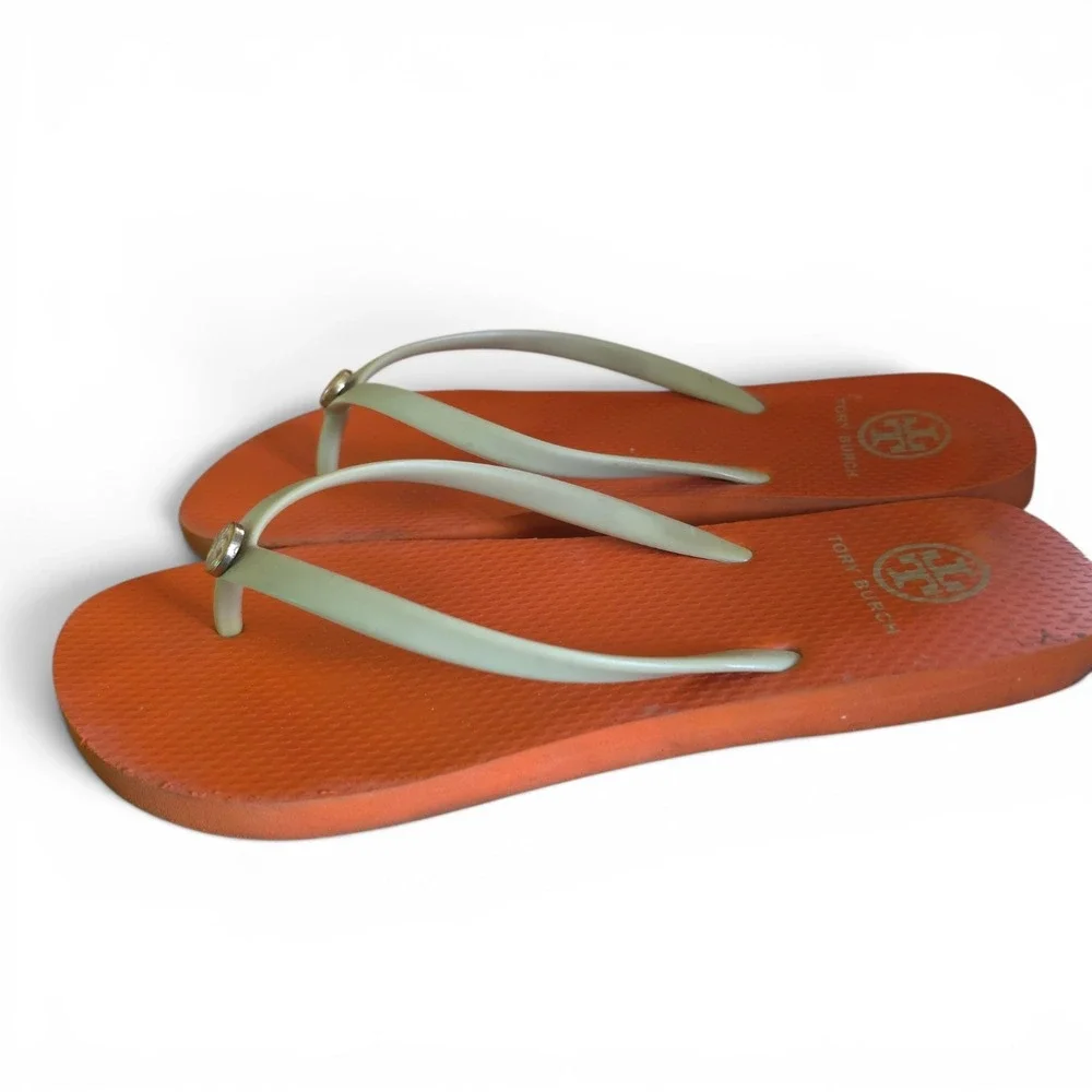 Tory Burch Womens Size 8 Khaki Fanta Orange Thin Flip Flops Sandals With Box